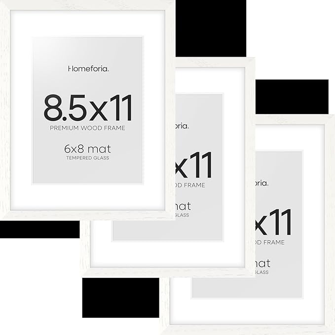 Homeforia 8.5 by 11 Picture Frame White, High End Oak 8.5 x 11 Wood Frames with Mat 6 x 8 inch Photo, 8.5by11 Wooden Frame Matted to 6x8 Art, Wall or Tabletop Frame, Tempered Glass, Wall Kit, Set of 3