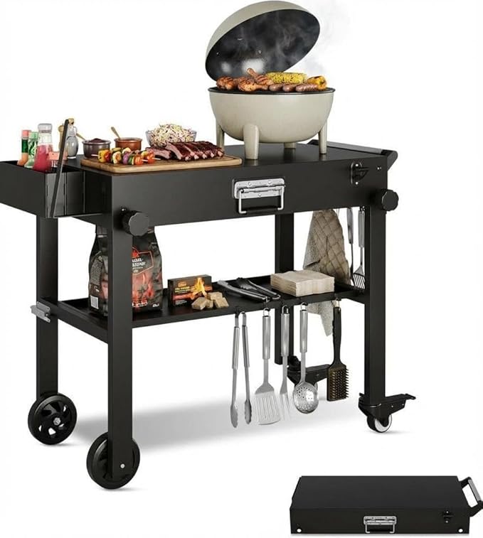 Portable Outdoor Grill Stand, Foldable Griddle Cart Table with Wheels, Pizza Oven Table Stand, Rolling Kitchen Work Table for BBQ Grilling, Food Trailer, Patio and Outdoor Cooking