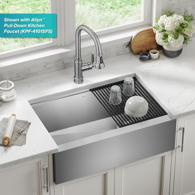 Kraus Kore 30-Inch Farmhouse Workstation with In Sink Dish Drying Rack, Stainless Steel Kitchen Sink, KWF410-30