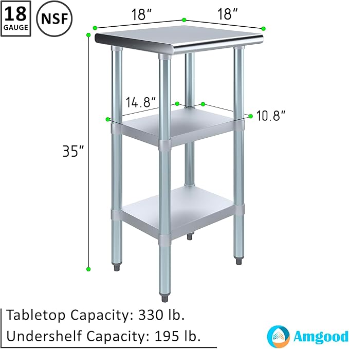 AmGood Stainless Steel Work Table with 2 Shelves | NSF | Metal Utility Table (18" Long x 18" Deep)