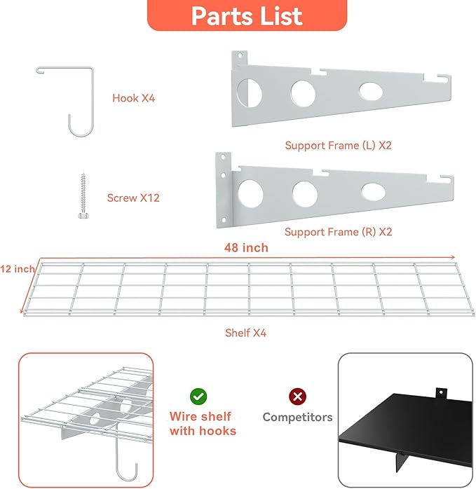TORACK 2-Pack Garage Wall Shelves, 24" x 48"/2x4 ft Wall Mounted Wire Shelf for Garage Heavy Duty Floating Shelves(White, Pack of 2)