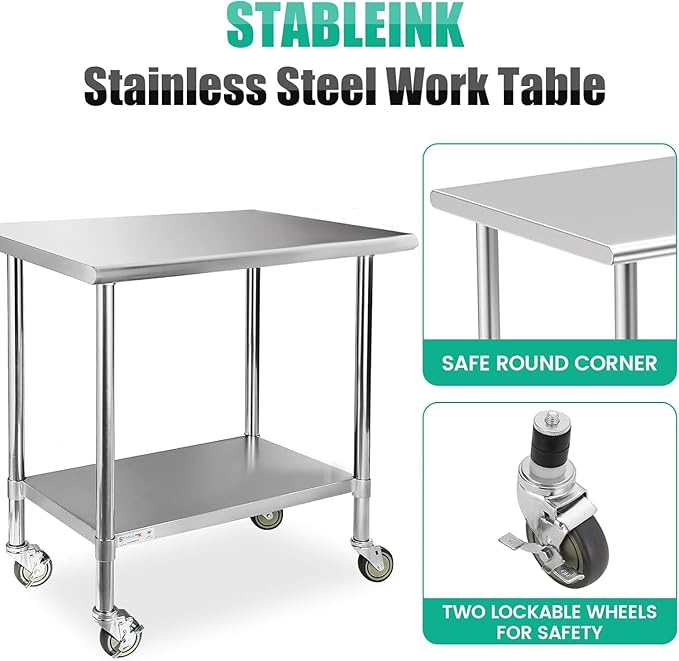 STABLEINK NSF Stainless Steel Prep Table with Wheels 30 x 36 Inches 3ft, Metal Workbench with Adjustable Lower Shelf, for Commercial Kitchen, Restaurant, Hotel, Laundry and Garage
