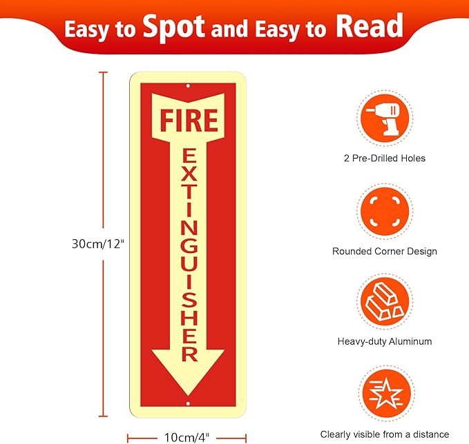 Fire Extinguisher Sign,4 Pack Reflective Fire Extinguisher Signs for Business,4 x12 Inch Aluminum Metal Safety Signs,Glow in the Dark,Weather Proof, Easy to Install, Indoor Outdoor Use