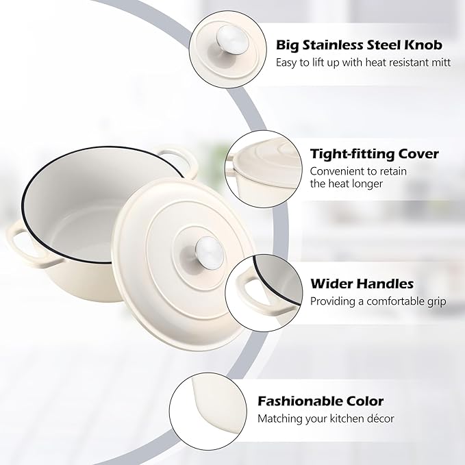 TeamFar 6Qt Dutch Oven, Enameled Cast Iron Dutch Oven Pot with Lid & Dual Handles for Bread Baking, Cooking, Simmer, Non Toxic & Heavy Duty, Oven Safe & Various Stovetops Suitable - Cream White