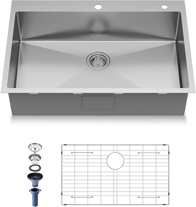 25-Inch Drop in Kitchen Sink Handmade Topmount 16 Gauge 304 Stainless Steel Single Bowl Kitchen Workstation Sink in 10-inch-Depth 25"x22"x10"