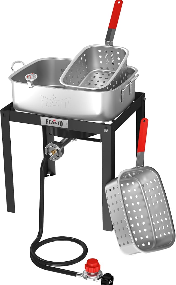 18 QT Fish Fryer with 2 Inner Baskets for Outdoor Cooking, Outdoor Aluminum Propane Deep Fryer Pot and Basket for Frying Fish, Chicken Wings, French Fries, and Seafood