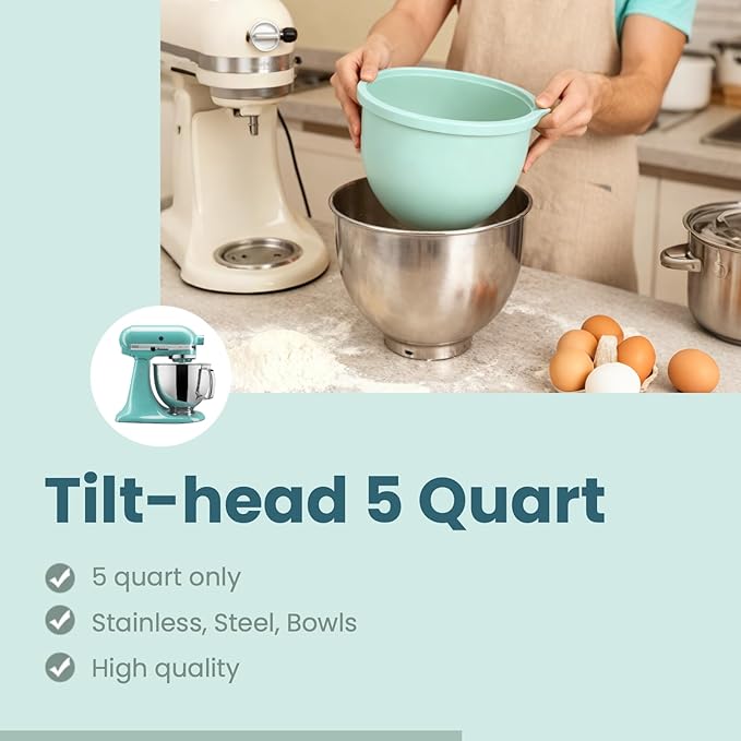5 Pack Muticolor Silicone Liners with Lids for KitchenAid Tilt-Head 5 Qt Mixers, Kitchen Helper Silicone Liners for Baking and Cooking, Mixer Parts & Accessories, Not for Bowl-Lift Models