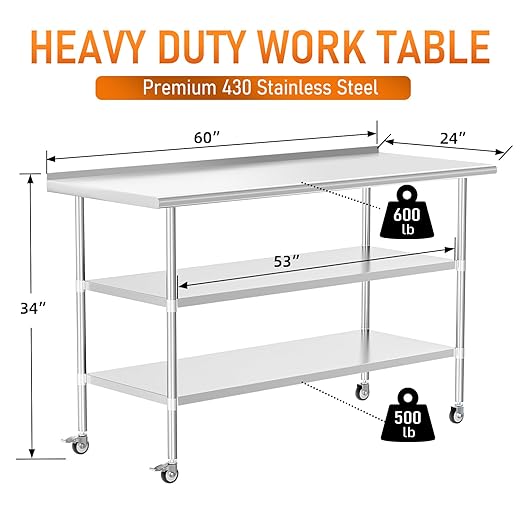 Stainless Steel Prep Table 24" X 60" with 2 Adjustable Undershelves, Backsplash and Wheels, Commercial Metal Workstations for Kitchen, Garage, Outdoor BBQ