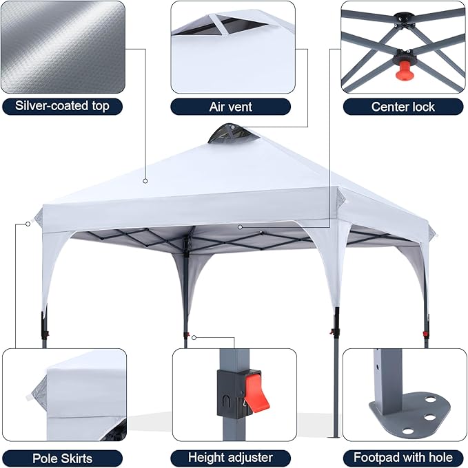 COOSHADE Pop Up Canopy Tent, 8x8 Easy Setup Instant Canopy Sun Shelter Beach Tent, Portable Sports, White