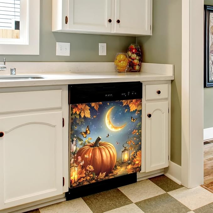 Autumn Pumpkin Maple Leaves Dishwasher Magnet Cover for The Front Dishwasher Door Cover Panel Decals Magnetic Refrigerator Cover for Kitchen Farmhouse Home Decor 23 X 26 in