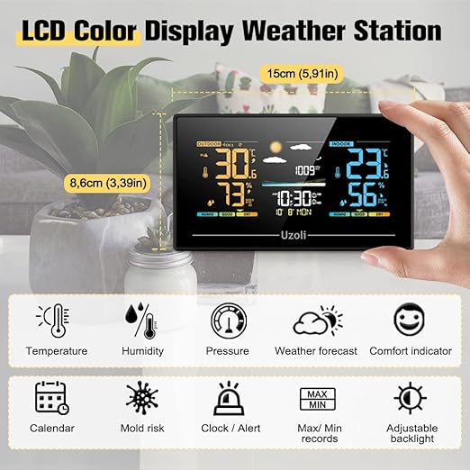 Uzoli EM3405 Weather Station Indoor Outdoor Wireless Thermometer Hygrometer, Temperature Humidity Monitor with Remote Sensor, Digital Weather Forecast Station for Home Use
