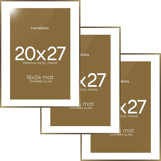 Homeforia 20x27 Picture Frame Bronze, High End Metal 20x27 Brass Poster Frames with Mat 16x24 Photo, 20 x 27 Frame Matted to 16 by 24 inch Print, 27by20 Thin Frames, Tempered Glass, Wall Kit, Set of 3
