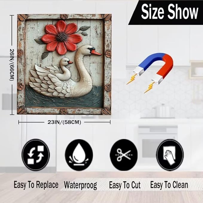 Swan with Red Flower Magnetic Dishwasher Cover Vinyl Sticker,Vintage Wooden Floral Dishwasher Magnet Cover,Rustic Wood Fridge Door Cover Magnets Art Skin Panel Decal for Home Decor, 23"X26"