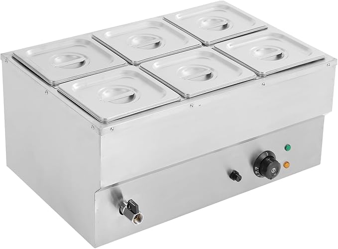 6-Pan Commercial Food Warmer,110V Electric Stainless Steel Steam Food Warmer with Lid,Electric Bain Marie Countertop with Temperature Control for Catering,Restaurant,Party (Small 6-Pan)