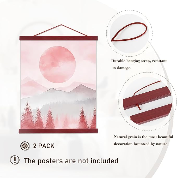 Artmag 2 Pack Magnetic Poster Hanger Frame, 11x14 11x17 11x22 Light Wood Wooden Magnet Canvas Artwork Print Dowel Poster Hangers Frames Hanging Kit (Mahogany, 11",2 Packs)