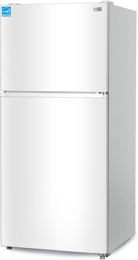 BLACK+DECKER 20.1 Cu. Ft. Top Mount Refrigerator with Ice Maker, 2-Door Refrigerator with Top Freezer, Freezer with Icemaker and Adjustable Temperature Control, ENERGY STAR, BR2010JIMW, White
