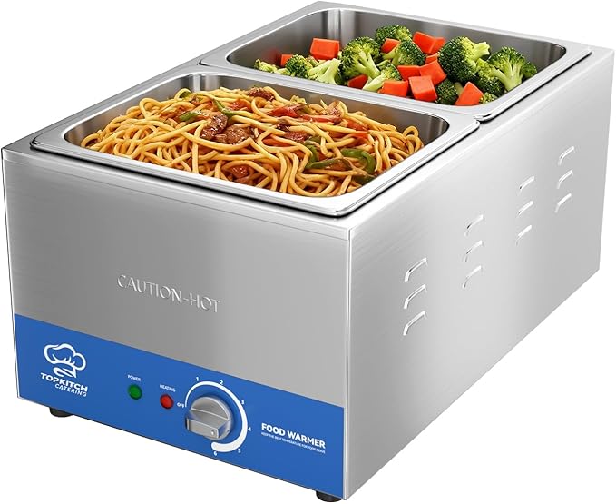2-Pan Commercial Food Warmer with Non-Leakage Stretch-Forming Water Tank &2 of 1/2 Size GN Pan,18L Countertop Steam Table Soup Station Bain Marie for Buffet,Catering,Parties and Restaurants