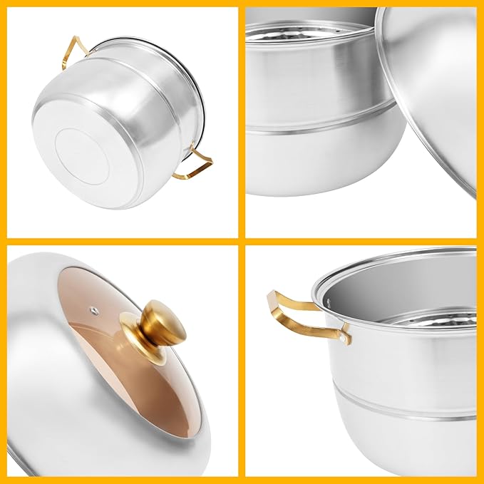 Steamer 32cm/12.6in, 3-tier Stainless Steel Steam Cooker w/Visual Lid & Golden Handles, Home Round Stackable Multipurpose Steam Pot for All Stoves (1xBottom Pot, 1xSteaming Basket, 2xSteaming Slices)