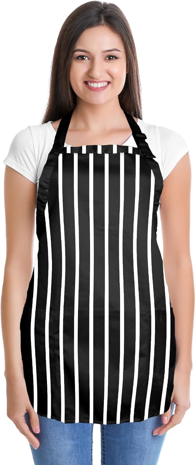 DALIX Apron Commercial Restaurant Home Bib Spun Poly Cotton Kitchen Aprons (2 Pockets) in Pinstripe Black/White 12 Pack