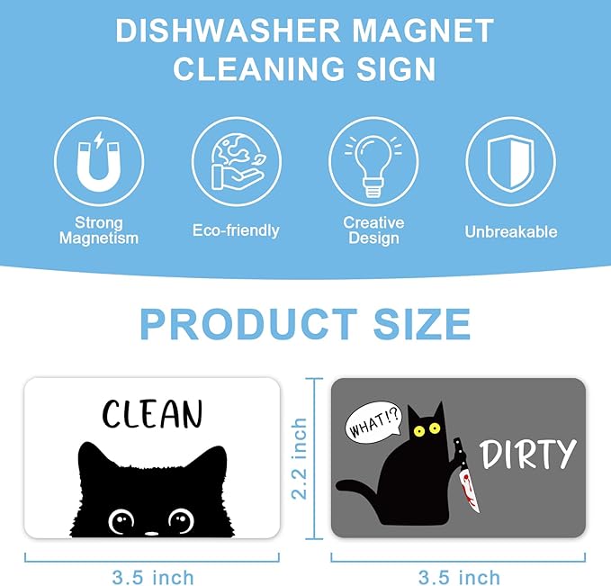 Funny Black Cat Cartoon Clean Dirty Dishwasher Magnet, Washing Machine Magnets Flip, Cute Cat Refrigerator Clean Dirty Sign, Double Sided Reversible Non Scratch Dish Washer Magnet Sign (White&Gray)