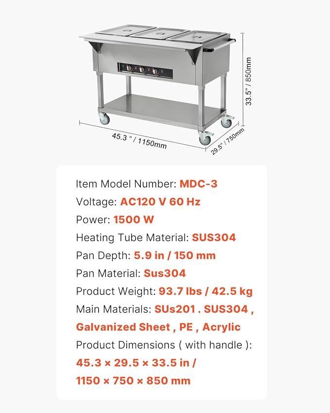 VEVOR 3-Pan Commercial Food Warmer, 3 x 20.6QT Electric Warm Table, 1500W Professional Buffet Catering Food Warmer with 4 Wheels (2 Lockable), Food Grade Stainless Steel Server for Party Restaurant
