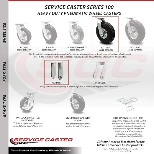Service Caster Brand Replacement Caster for Uline Caster H-3329BL-R - Rigid Top Plate Caster with 10 Inch Pneumatic Wheel - Heavy Duty Replacement - Fits Platform Trucks and Utility Carts H-2473