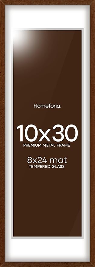 Homeforia 10x30 Picture Frame Brown, High End Dark Oak 10x30 Walnut Wood Poster Frame with Mat 8x24 Print, 10 x 30 Wooden Frame Matted to 8 x 24 Photo, 30x10 Frames, Tempered Glass, Wall Kit, Set of 1