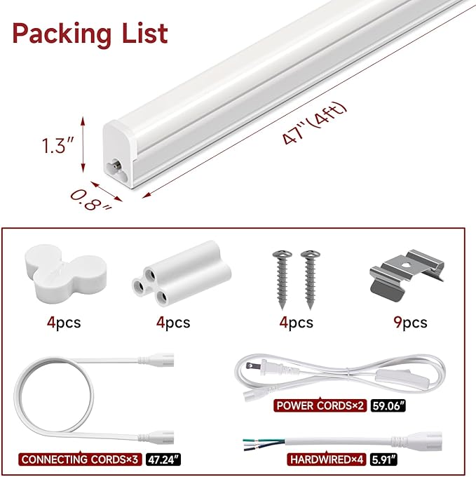 4 Pack T5 LED Shop Light, 4FT, 20W, 5000K 2200LM, Linkable Utility Fixture for Under Cabinet, Kitchen, Garage, Basement, Workshop Lighting, Easy Installation, Plug & Play
