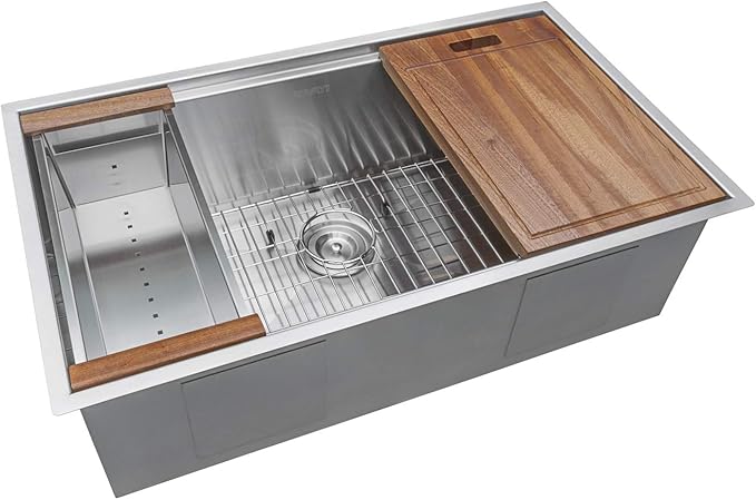 Ruvati 30-inch Undermount 16 Gauge Stainless Steel Workstation Kitchen Sink Single Bowl – Soundproof Multifunction Chef Sink with Cutting Board & Accessories, Brushed Finish Hides Scratches – RVH8310