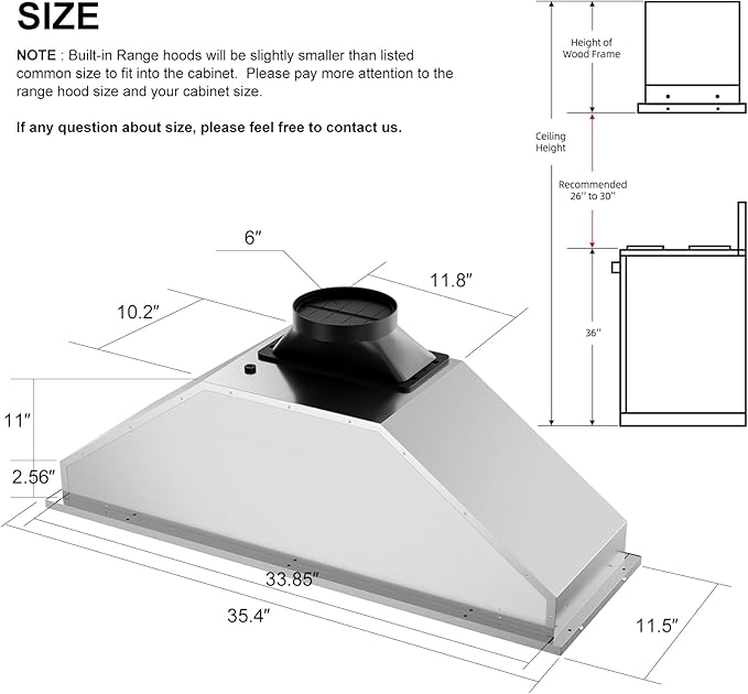 BRANO Range Hood Insert 36 Inch, 900 CFM Smart Voice/Gesture/Touch Control, 4 Speed Exhaust Fan, Stainless Steel Kitchen Hood with Charcoal Filter, Ducted/Ductless Convertible