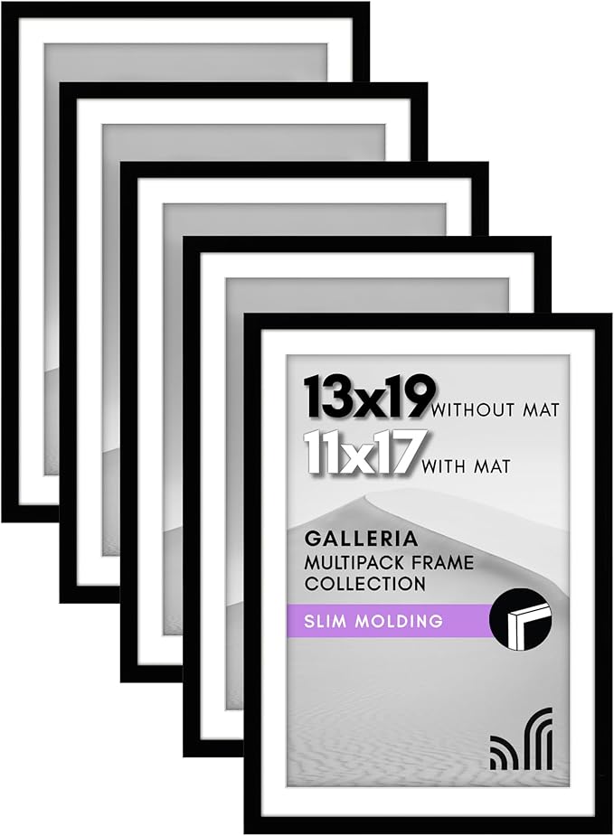 Americanflat 13x19 Picture Frame with Polished Plexiglass - Set of 5 - Use as 11x17 Frame with Mat or Display 13x19 Photo Without Mat - Galleria Collection - Picture Frames for Wall Display - Black