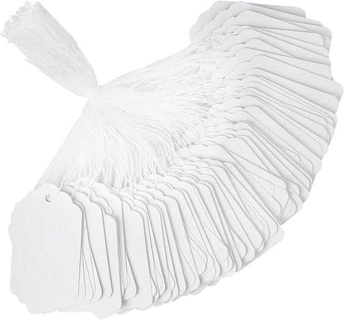 White Price Tags with String - Cuttte 1000PCS Pre-Strung Paper String Tags for Pricing, Hanging Garage/Yard Sale Clothing Jewelry Merchandise for Labeling 1.75 x 1.1 Inch