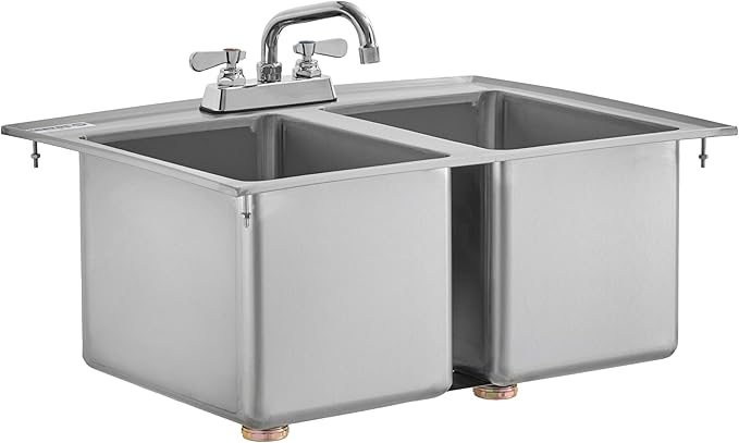 Kratos Commercial Restaurant Sink, 10"x14"x10" 16-Gauge Stainless Steel Two-Compartment Drop-In Sink with 10" Swing Spout Faucet (29N-220)