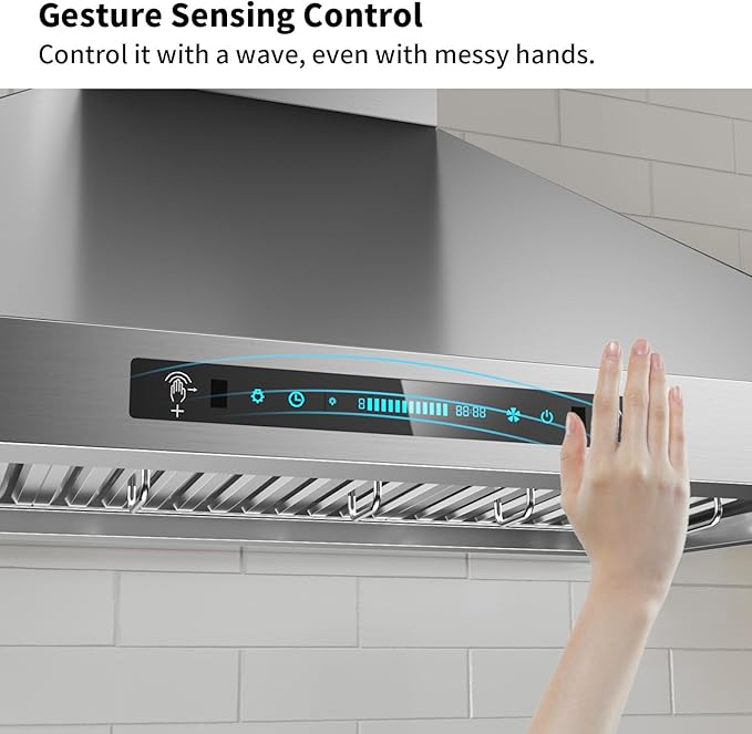 IKTCH 36 inch Wall Mount Range Hood, 900 CFM Ducted/Ductless Range Hood with 4 Speed Fan, Pure Stainless Steel with Gesture Sensing & Touch Control Making life Smarter IKP02R-36