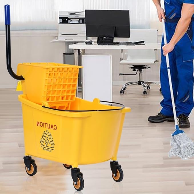 Mop Bucket, Commercial Bucket for Mopping on Wheels with Potable Handle, Mop Bucket with Wringer for Home, Household, Office, Bathroom, Yellow (34 Quarts)