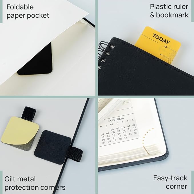 POPRUN Planner 2025-2026 (Medium - 6.5'' x 8.5'') Academic Weekly Calendar (July 2025 - June 2026) with Hourly Time Slots, Monthly Tabs, 100GSM Thick Papers, Spiral Leather Cover - Grey