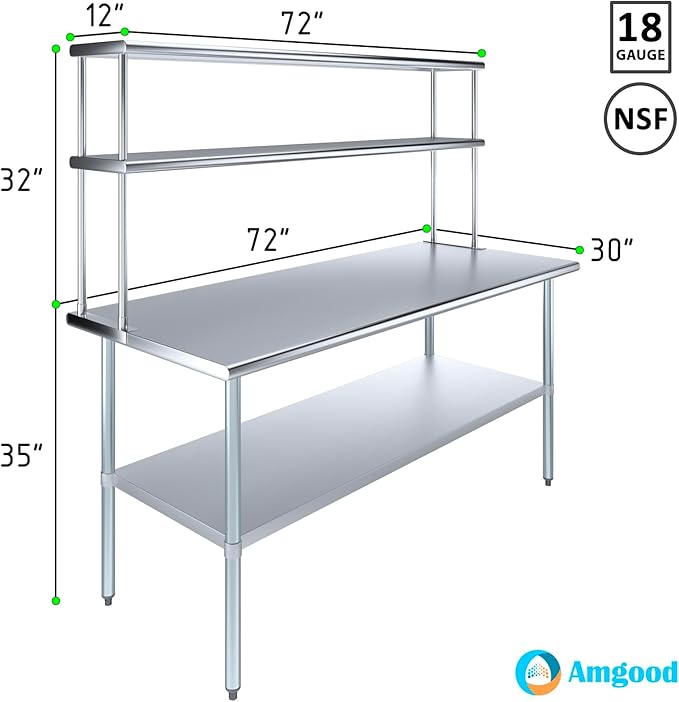 Amgood Stainless Steel Work Table Double Tier Overshelf | Metal Kitchen Prep Table & Shelving Combo (30" x 72" Work Table + 12" Overshelf)