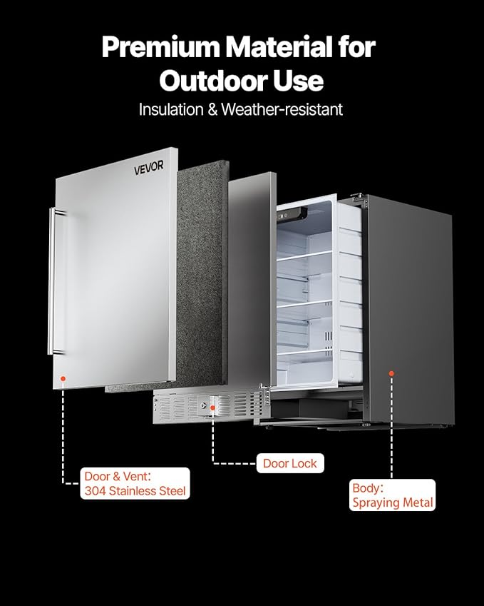 VEVOR 24-Inch Outdoor Beverage Refrigerator, 150 QT Built-in Drink Fridge, 0.56 kWh/Day Energy-Efficient Cooler with 304 Stainless Steel Door, Holds 180 Cans for Outdoor Kitchen, Home Bar, Patio