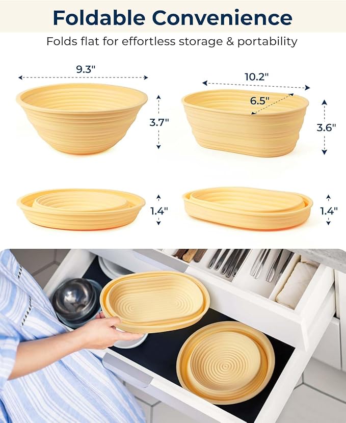 Silicone Banneton Bread Proofing Baskets Set of 2, 9" Round & 10" Oval Foldable Sourdough Proofing Baskets with Sourdough Bread Baking Supplies, Complete Bread Making Kit