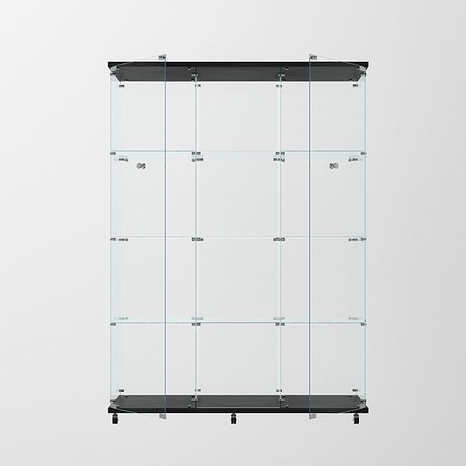 Glass Display Cabinet with LED Light Strip, 12 Shelves 3 Column 2 Doors, Large Curio Storage Cabinets with Lock & Caster for Living Room, Office, Floor Standing Glass Bookshelf - Black