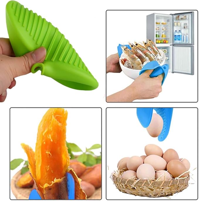 Silicone Cooking Pinch Grips Oven Mitts - Finger Protector Pot Holder for Kitchen,Cooking,Baking,BBQ - Heat Resistant Gloves, 2 Pairs (Blue and Green)