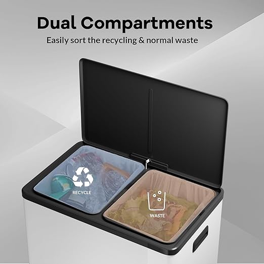 16 Gallon Dual Compartment Trash Can - Stainless Steel Kitchen Recycling Bin with Double Removable Inner Buckets, Step Pedal, Soft-Close Lid, Rectangular White Garbage Can for Efficient Waste Sorting