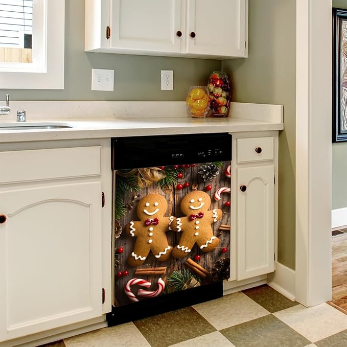 Christmas Gingerbread Men Candy Dishwasher Magnet Cover, Reusable Refrigerator Panel Stickers Microwave Front Door Covers Magnets for Kitchen Home Appliances Holiday Party Decorations 23 X 26 in