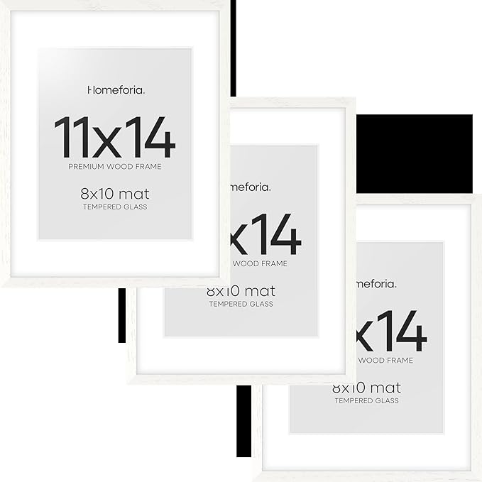 Homeforia White Frame 11x14 Wood, High End Oak 11x14 Picture Frames with Mat 8x10, 11 x 14 White Wooden Poster Frame Matted to 8 x 10 inch Photo, 14by11 Thin Frames, Tempered Glass, Wall Kit, Set of 3