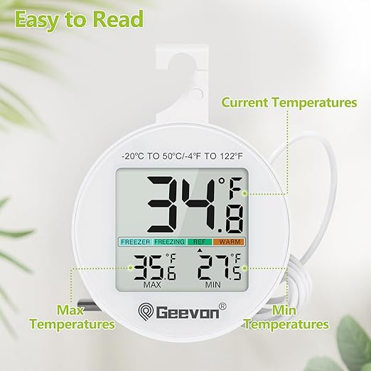 Geevon Refrigerator Thermometer 2 Pack IP65 Waterproof, with External Sensor, Fridge Temperature Monitor for Home Commercial, with LCD Screen, Stand and Magnetic Back, for Refrigerator, Freezer scenes