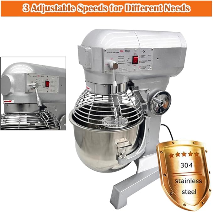 Commercial 3in1 Food Mixer 20L Dough Mixer 3 Speeds Adjustable, with SUS304 Bowl/Dough Hook/Whisk/Beater, Stand Electric Food Flour Mixing Kneading Machine
