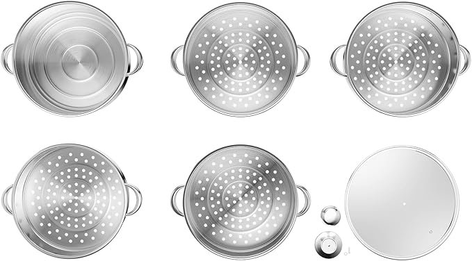5 Tier Steamer Pot, 304 Stainless Steel Food Steamer with 4 Steaming Grids & 11.02in Bottom Cooking Pot, Stackable Steaming Pots Steam Cooker Cookware, Used for Cooking Dumplings, Steamed Buns