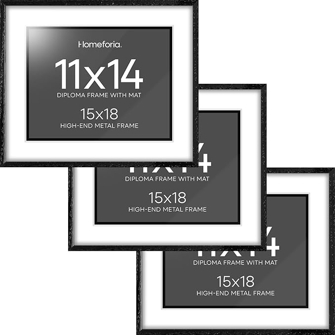 Homeforia 15x18 Diploma Black Wood Frame, High End Black Oak 15 x 18 Certificate Frames with Mat 11 x 14, 18x15 Document Frame Matted to 11x14, Degree Wooden Frames, Tempered Glass, Wall Kit, Set of 3