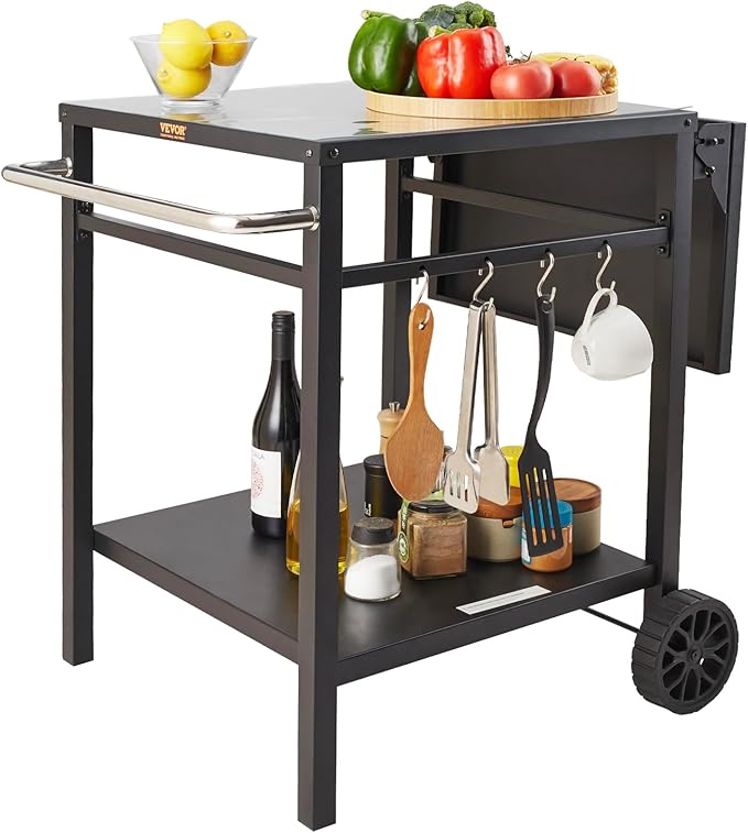 VEVOR Outdoor Grill Dining Cart with Double-Shelf, BBQ Movable Food Prep Table, Multifunctional Foldable Iron Table Top, Portable Modular Carts for Pizza Oven, Worktable with 2 Wheels, Carry Handle