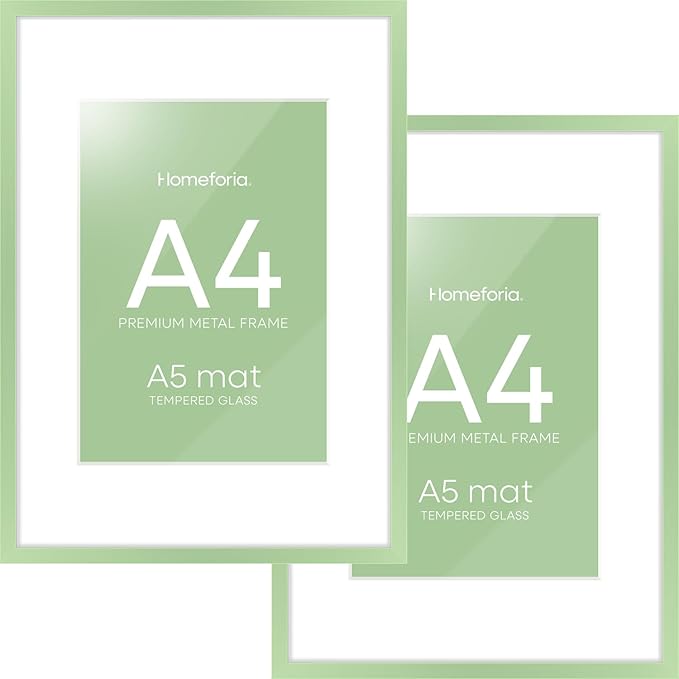 Homeforia A4 Picture Frame Sage Green, High End Metal 8.3 x 11.7 inch Poster Frames with Mat 5.8 by 8.3 Art, A4 Size Frame Matted to A5 Photo, 8.3x11.7 Wall or Tabletop Frame, Tempered Glass, Set of 2